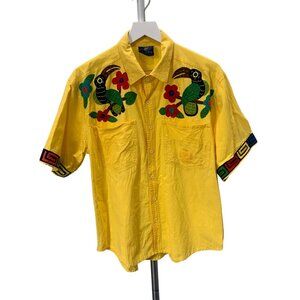 Vintage IvanHoe S/S Button Down Yellow Embroidered Birds Large